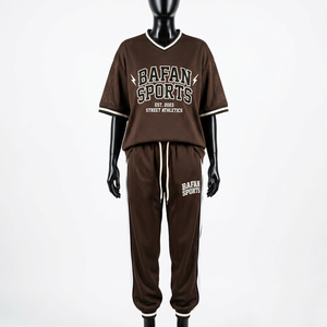 Ensemble pantalon en jersey maille polyester premium 180 GSM marron avec col et poignets contrastants à logo pour femme - Product Image 1