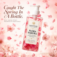 Savon liquide pour le corps OEM Sakura Cherry Blossom avec pétales réels visibles, 50%-80% d'ingrédients actifs, pour tous types de peau, vente en gros, 500ml, marque privée