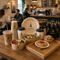 Gobelets en plastique personnalisés AT PACK, gobelets en papier, bouteilles en verre rondes et plateaux de service pour les solutions d'emballage des cafés