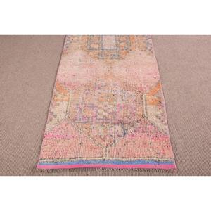 2.8x9.5 ft <b>Runner</b> Vintage Wool <b>Rug</b> Pink Patchwork Turkish <b>Rug</b> with Latex Backing - Product Image 5
