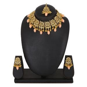 Indian Jewelry Crystal Choker Necklace Maang Tikka Earrings Wedding Gold plated jewelry sets - Product Image 3