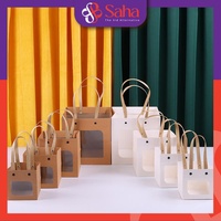 Sacs en papier kraft faits à la main biodégradables personnalisables avec fenêtres carrées, impression OEM, couleur personnalisée, design mignon, petits cadeaux recyclés