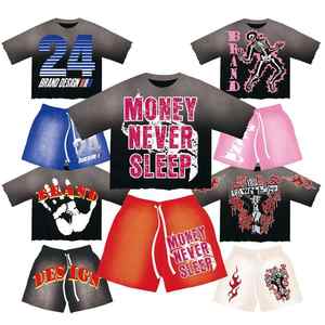 Streetwear Acid Wash Boxy T-shirts Shorts Ensembles Logo Personnalisé 100% Coton Épais T-shirt Boxy Fit Mens Shorts Set - Product Image 2