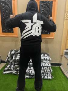 Custom Unisex Flared Jogger Tracksuit Heavyweight Cotton Distressed <b>Embroidery</b> Patch Cropped Printing Sweatpants <b>Set</b> for Men - Product Image 6