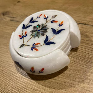 <b>Marble</b> Coaster <b>Set</b> 6 Handmade Stone Inlayed <b>Plates</b> Coffee Tea Drink Coasters Elegant Home Decor - Product Image 1