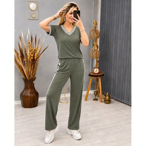 Conjunto de Dos Piezas para Mujer, Blusa de Manga Corta con Cuello en V de Viscosa de Dos Hilos y Pantalones, 35466 - Caqui - Product Image 2