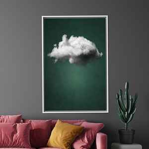 Modern Printed Canvas: White Cloud on Green, Elegant Wall Art,White <b>Framed</b> - Product Image 1