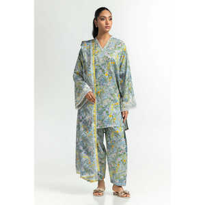 Ensemble coordonné en viscose imprimé vert marine style bohème, brodé, sans col, en tissu crêpe pour le printemps/été - Product Image 4