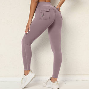 Femmes taille haute Cargo poche serrée Yoga Leggings sec course Fitness pantalon taille élastique solide bouton hanche Stretch Yoga pantalon - Product Image 5