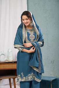 Dernier créateur Heavy Chinnon Silk Embroidery Sequence Work Sharara Suit Salwar Kameez pour les fêtes - Product Image 3