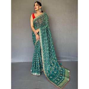 ผ้าซารีจอร์เจียต์พิมพ์ลายสีเขียวทะเลอันล้ำค่า พร้อมเสื้อสำหรับงานเลี้ยงตอนเย็น - Product Image 3