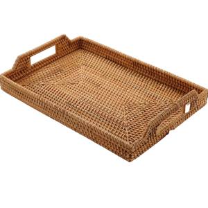 Plateau de service en rotin tissé élégant Boho artisanal plateau de table basse en osier naturel avec poignée d'insertion - Product Image 5