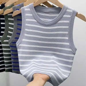 Camisetas sin mangas a rayas de verano y primavera para mujer, camisetas de punto sin mangas, Tops cortos, chalecos informales ajustados elásticos para mujer, Jersey - Product Image 1