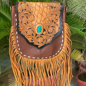 กระเป๋าสะพายพาดลำตัวหนังแท้ขนาดใหญ่ประดับพู่สำหรับผู้หญิงกระเป๋าสะพายไหล่หินเทอร์ควอยซ์หนังแท้ออกแบบได้ตามต้องการ - Product Image 5