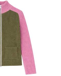 Cárdigan de Punto Acanalado con Cierre para Mujer, Cuello Alto, Manga Larga, Algodón Suave, Cálido, Informal, para Invierno, Color Rosa y Verde Oliva - Product Image 3