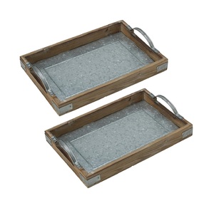 Nouveau Style Lot de 2 plateaux de service rectangulaires en métal galvanisé avec poignées en bois Style ferme rustique - Product Image 4