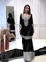 Haut/Kurta/Kurti pour femme en lin et géorgette, style riche, avec broderie et travail de sequins, respirant, léger et infroissable, à manches courtes
