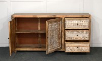 Buffet rustique en bois de manguier massif, sculpté et vieilli, avec deux portes et trois tiroirs, style contemporain, pour salle à manger, salon, cuisine, chambre