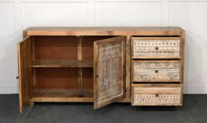 <b>Rustic</b> Solid Mango Wood <b>Sideboard</b> Carved Distressed Two Doors Three Drawers for Living Room Farmhouse Kitchen Bedroom Storage - Product Image 4