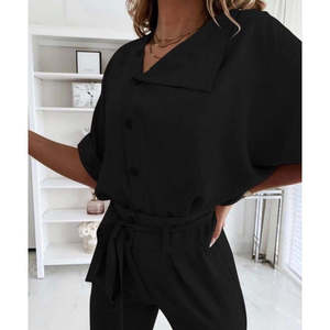 Women's Short Sleeve Collared Front Buttoned Crinkle Blouse and <b>Trousers</b> Two-Piece Set, 34912 - Black - Product Image 3