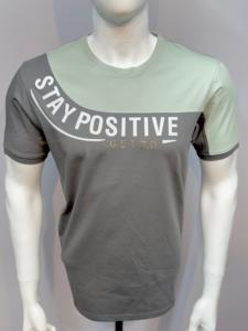 Getzo Camiseta de punto de mezcla de algodón para hombre de 260g Stay Positive Printed Colorblock Casual Camiseta de cuello redondo en dos tonos - Product Image 3