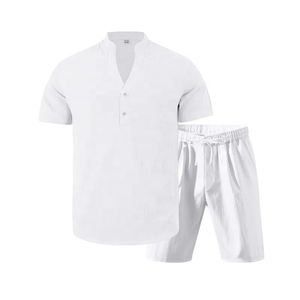 BLIZ SPORTS WEAR Men's Light Blue Cotton Henley T-Shirt Shorts <b>Set</b> Casual Summer <b>Knitted</b> 280 GSM Two Piece Outfit Breathable - Product Image 3