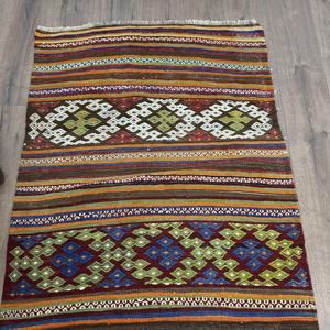พรมวินเทจตุรกี ขนาด 3.1x9.8 ฟุต (93x300 ซม.) พรมคิลิมสีน้ำเงินส้มลายแบบนามธรรม - Product Image 4