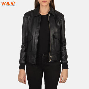 Col classique fermeture éclair avant veste d'hiver pour femmes en cuir noir véritable coupe ajustée personnalisé OEM vêtements d'extérieur manteau poches mode solide - Product Image 4