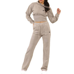 Ensemble de survêtement deux pièces pour femmes, sweat-shirt court et pantalon de jogging à jambe droite, en coton côtelé, vêtements de détente, pour les marques de vêtements privées OEM - Product Image 1