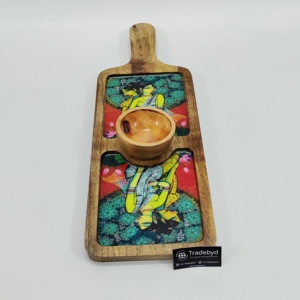 ถาดเสิร์ฟไม้แบบยาวพร้อมงานศิลปะเคลือบมือจับและชามชัทนีย์ - Product Image 4