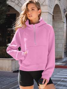 Nueva moda mujer 100% algodón polar media cremallera cuello alto bolsillos con capucha manga larga Color sólido invierno pulóver Sudadera con capucha - Product Image 2