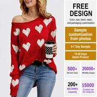 FNJIA damessweater met schattige liefdeshartprint, oversized schouder, los gebreide Valentijns-pullover, blouse-top