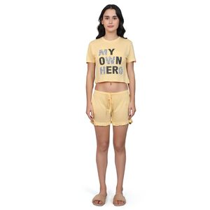 Conjunto de Pantalones Cortos Evolve para Mujer, Súper Suaves y Cómodos, 100% Algodón, con Camiseta de Cuello Redondo y Manga Corta, Bolsillos, Tela Jersey, Amarillo - Product Image 3