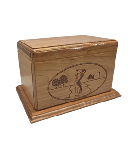 Urna de golf grabada Caja de entierro de cereza Urna funeraria de madera hecha a mano para cenizas Caja de madera humana Base de plataforma de cremato de cereza - Product Image 1
