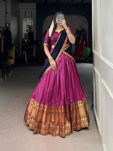 Date Vichitra Soie Dupatta Cousu Toile Flair Lehenga Non Cousu Blouse Femmes Zari Tissage Lehenga Choli Vêtements De Mariage - Product Image 4
