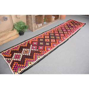 Tapis Kilim Turc Vintage 2.9x12.4 pieds Rouge Orange Laine Latex Support Patchwork Motif pour Chambre Style Tabriz 10mm Épaisseur - Product Image 1