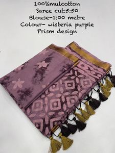 Sari en coton et lin doux avec imprimé floral et pallu, coupe ample, décontracté, avec chemisier imprimé à bordure assortie - Product Image 3