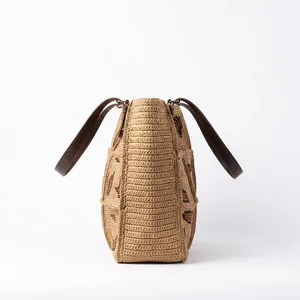 Sac cabas bohème en raphia avec motif géométrique, sac en toile pour femme, idéal pour les courses estivales - Product Image 2
