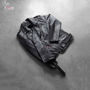 Veste de motard en cuir véritable noir de qualité supérieure pour hommes, vêtements de moto avec col montant et tissu en toile - Product Image 6