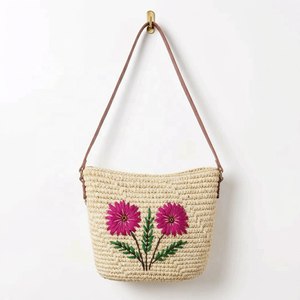 Handwoven <b>raffia</b> Shoulder <b>Bag</b> Floral Embroidered Zipper Purse Bohemian Ladies Tote for All Seasons - Product Image 1