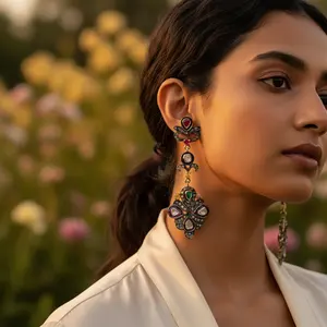 Boucles d'oreilles pendantes vintage plaquées or avec rubis, émeraude et diamant, boucles d'oreilles géométriques à perles pour femmes, pour mariages et fêtes - Product Image 2