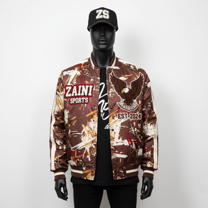 Chaqueta Bomber Satinada de Alta Calidad de 240 GSM, Diseño Artístico Bordado con Águila Dorada Marrón, Logotipo Personalizado Disponible, Chaqueta Satinada para Hombre - Product Image 1