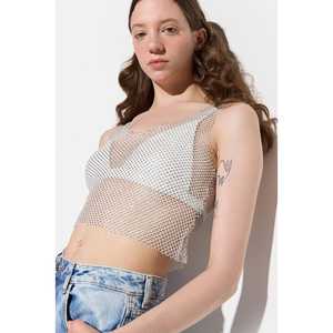 Blusa Casual Corta Brillante con Logotipo Frontal, Hombros Descubiertos, Cuello en V, Corte Regular, 220g, 100% Poliéster - Product Image 1