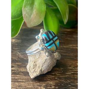 Zuni Handcrafted Turquoise & Agate Sterling Silver Inlay <b>Ring</b> Size 6.5 <b>for</b> <b>Men</b> - Product Image 3