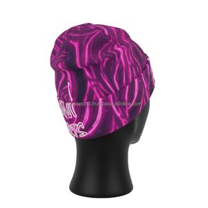 Bonnet pour femme 280 GSM Polyester extensible doux Rose vif et violet Impression intégrale Logo personnalisé par transfert thermique Bonnet jacquard - Product Image 3
