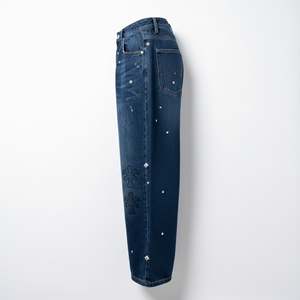 Pantalones Vaqueros de Mezclilla de Peso Medio para Hombre, Lavado Ácido Vintage Personalizado, con Cristales de Imitación, Estilo Desgastado, Holgados, Estilo Urbano, con Botones Altos - Product Image 4