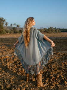 Blue Boho Cape/Kimono Drawstring Closure Breathable Cotton Festival Robe for All Seasons Print Summer Robe - Product Image 4