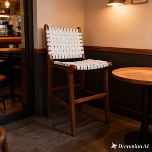 Tabouret de bar en teck nordique SOLOBEAT, chaise de bar en bois massif avec siège et dossier tressés - Product Image 3