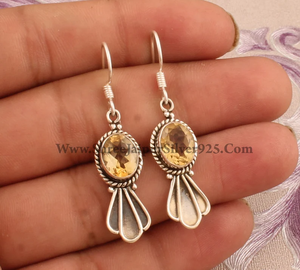 Pendientes de aro de plata antigua de diseñador hechos a mano sólidos de piedras preciosas ovaladas de citrino Natural de Plata de Ley 925 para boda - Product Image 2