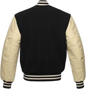 Veste universitaire légère en laine mélangée et manches en cuir véritable noire pour hommes, bombardier en tricot côtelé Letterman - Product Image 2